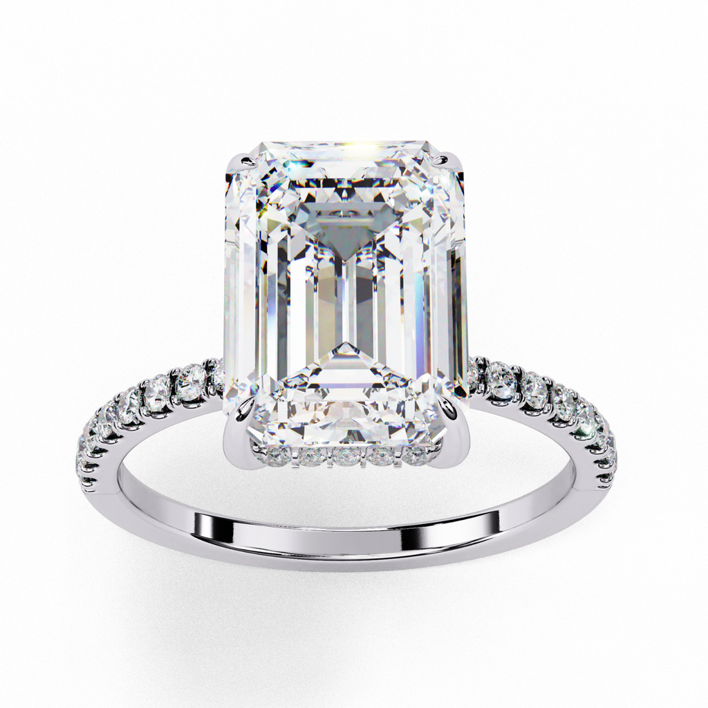 Sterling Silver Simulated Diamond Ring | Emerald Cut CZ & Hidden Halo Jewelry By Azuni & Company