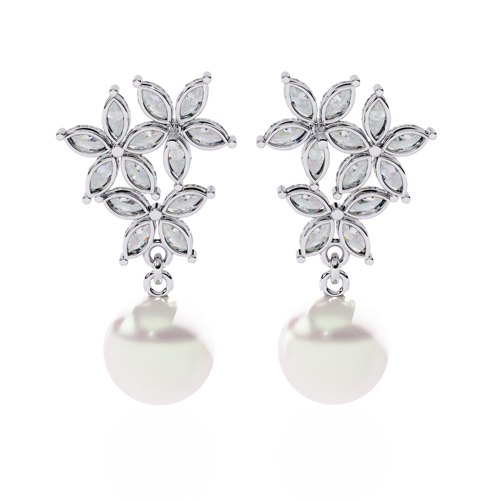 Sterling Silver Flower CZ & Pearl Drop Earrings | Bridal & Wedding Jewelry By Azuni & Company