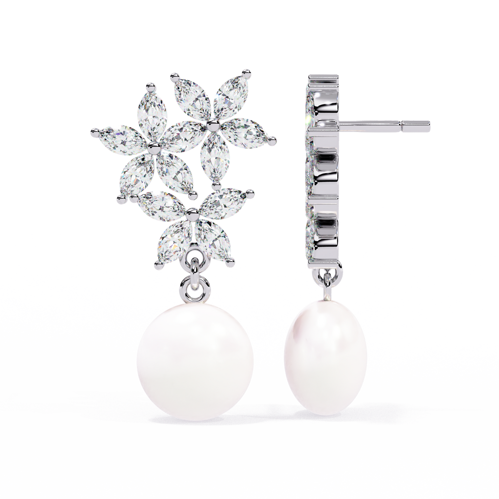 Sterling Silver Flower CZ & Pearl Drop Earrings | Bridal & Wedding Jewelry By Azuni & Company