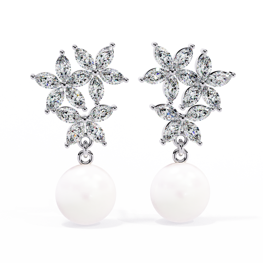 Sterling Silver Flower CZ & Pearl Drop Earrings | Bridal & Wedding Jewelry By Azuni & Company
