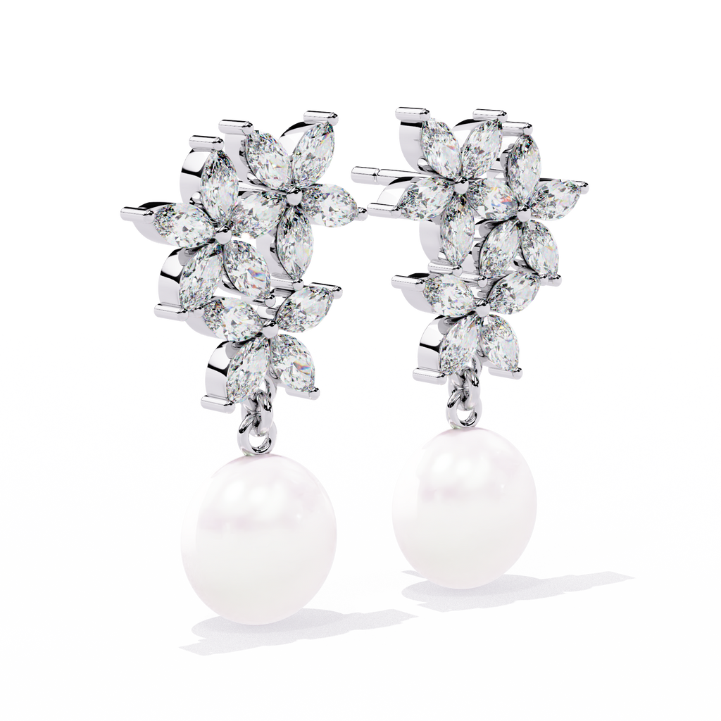 Sterling Silver Flower CZ & Pearl Drop Earrings | Bridal & Wedding Jewelry By Azuni & Company