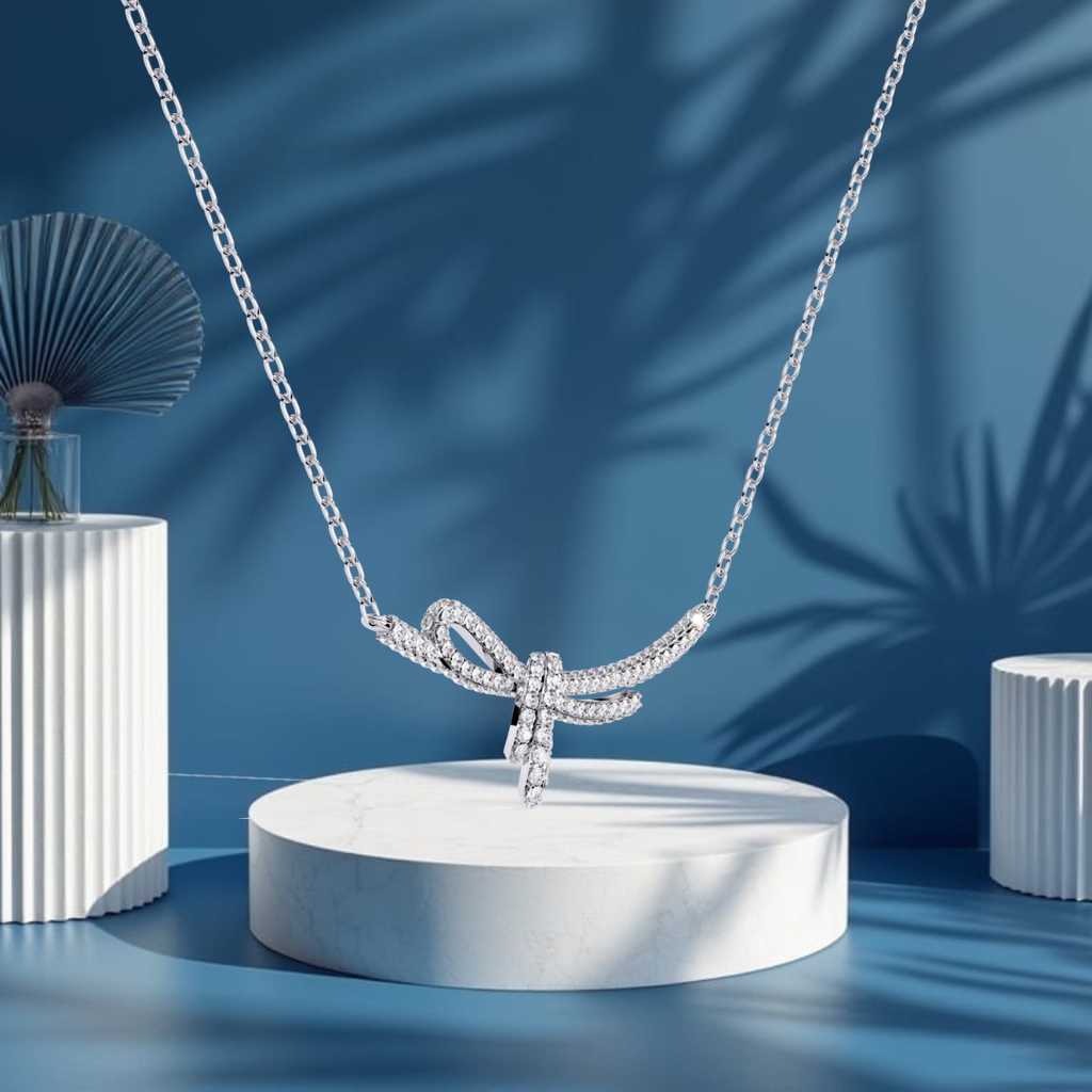 925 Sterling Silver Knot Necklace for Women – Dainty Bow Pendant with Cubic Zirconia, Adjustable Chain, Elegant Silver Jewelry Gift